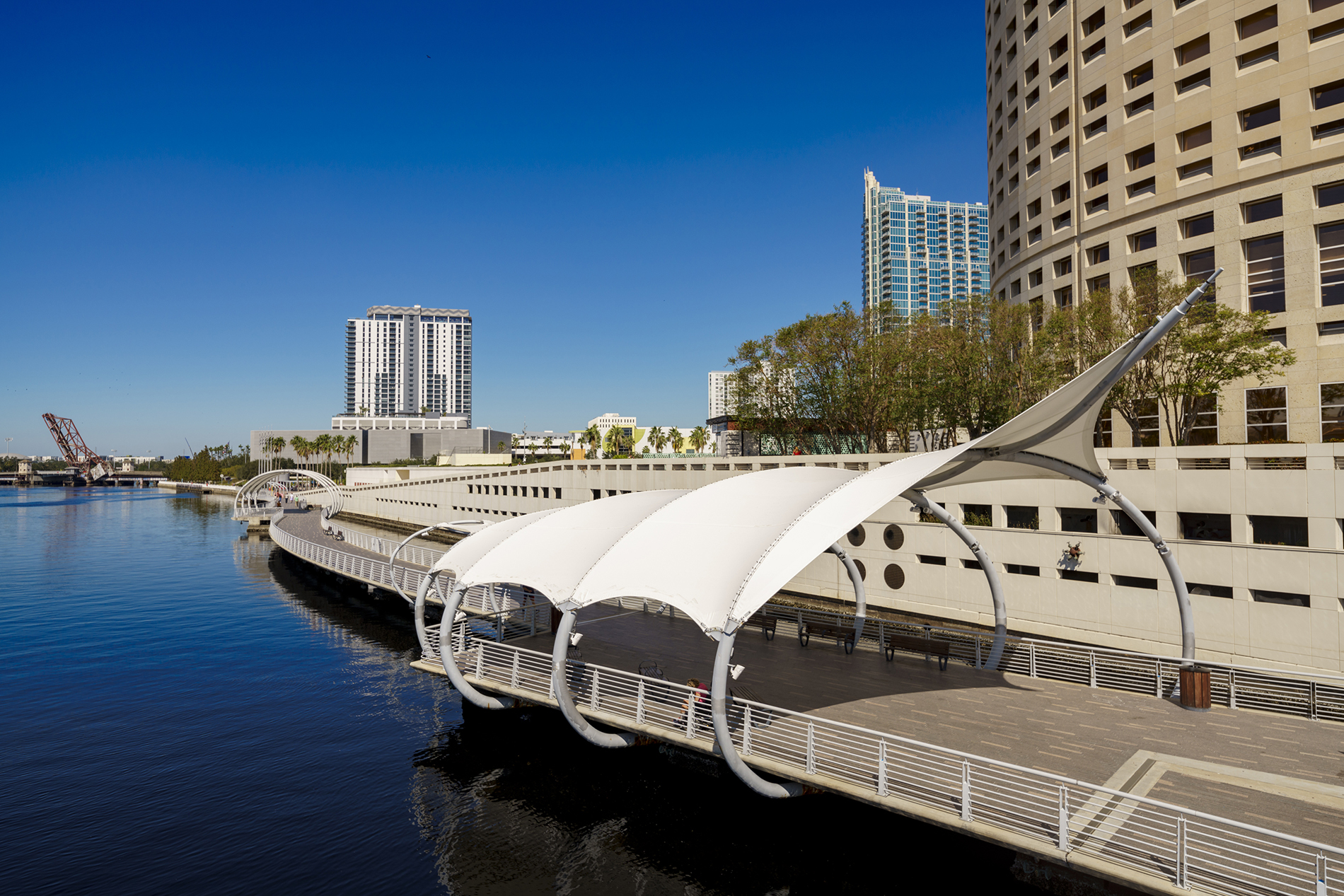 Tampa Riverwalk in 2024, showcasing the area's blue waters and part of the city skline