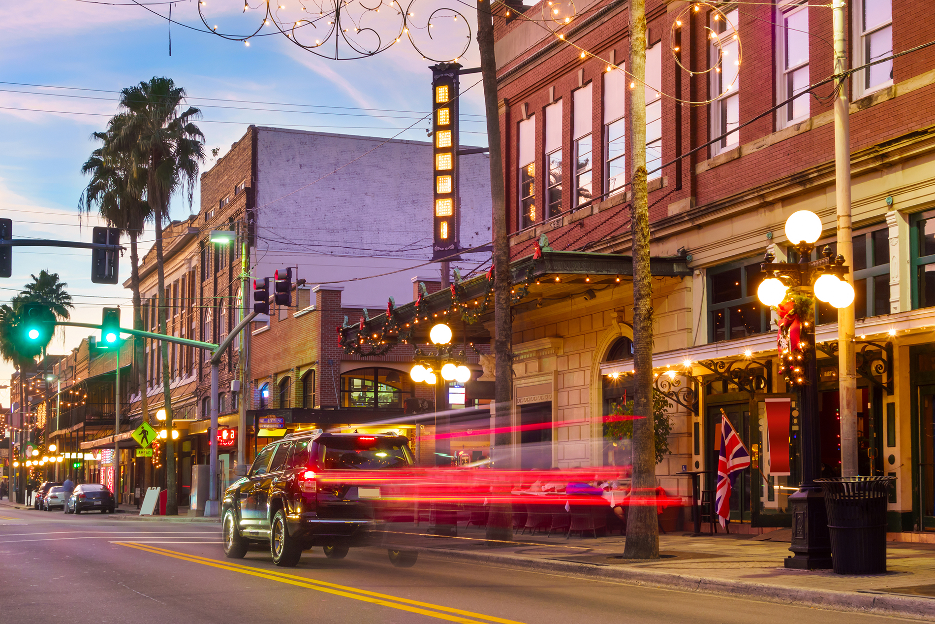 Historic Ybor City with bars and restaurants in Tampa, Florida, USA